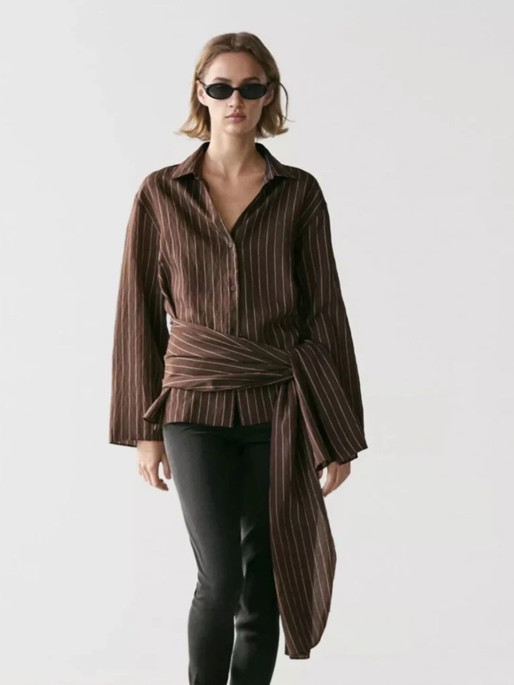 Massimo Dutti NWT Brown Pinstripe Wrap-Accent Shirt Blouse Small 5131/531